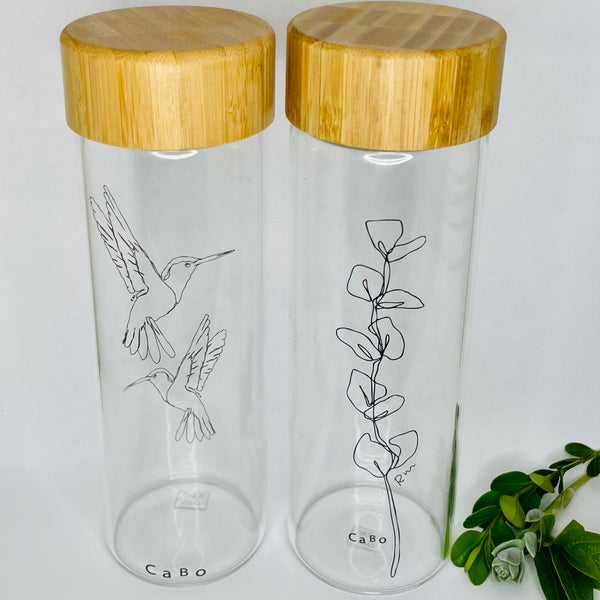 Glass water bottle - eucalyptus and hummingbird