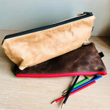 Large leather pencil bags in tan and brown leather