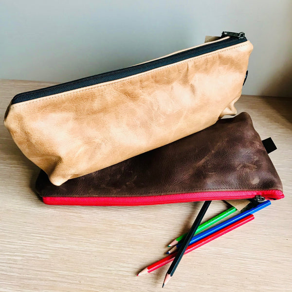 Large leather pencil bags in tan and brown leather